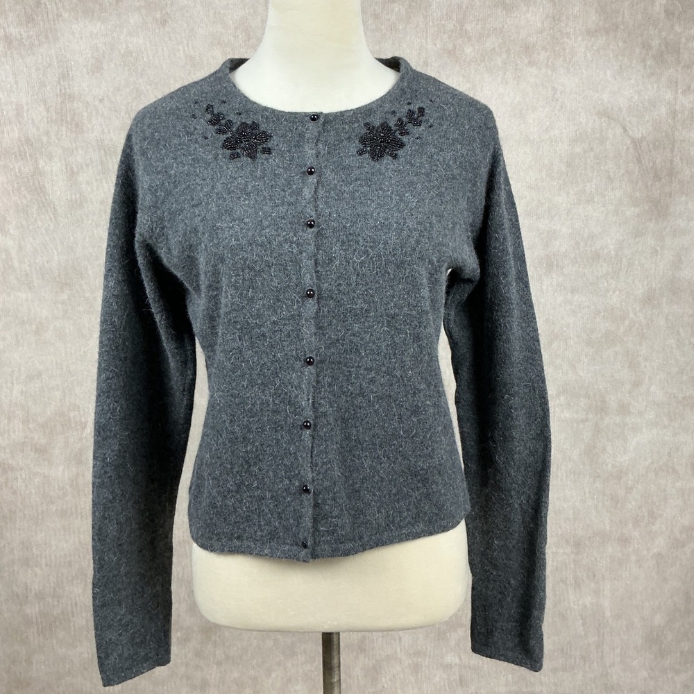 Womens Gray Crew‎ Neck Beaded Floral Cardigan Sweater Long Sleeve Button Up